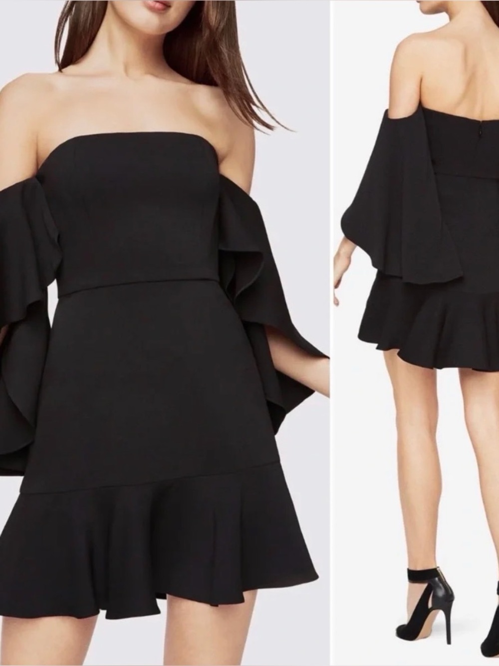 BCBGMAXAZRIA Simone Off-Shoulder Bell Sleeve Peplum Hem Mini Dress Black Size 10